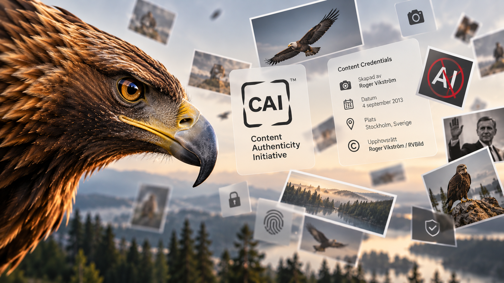 AI-genererad illustration med kungsörnshuvud från vänster, CAI och symboler för bilders ursprung